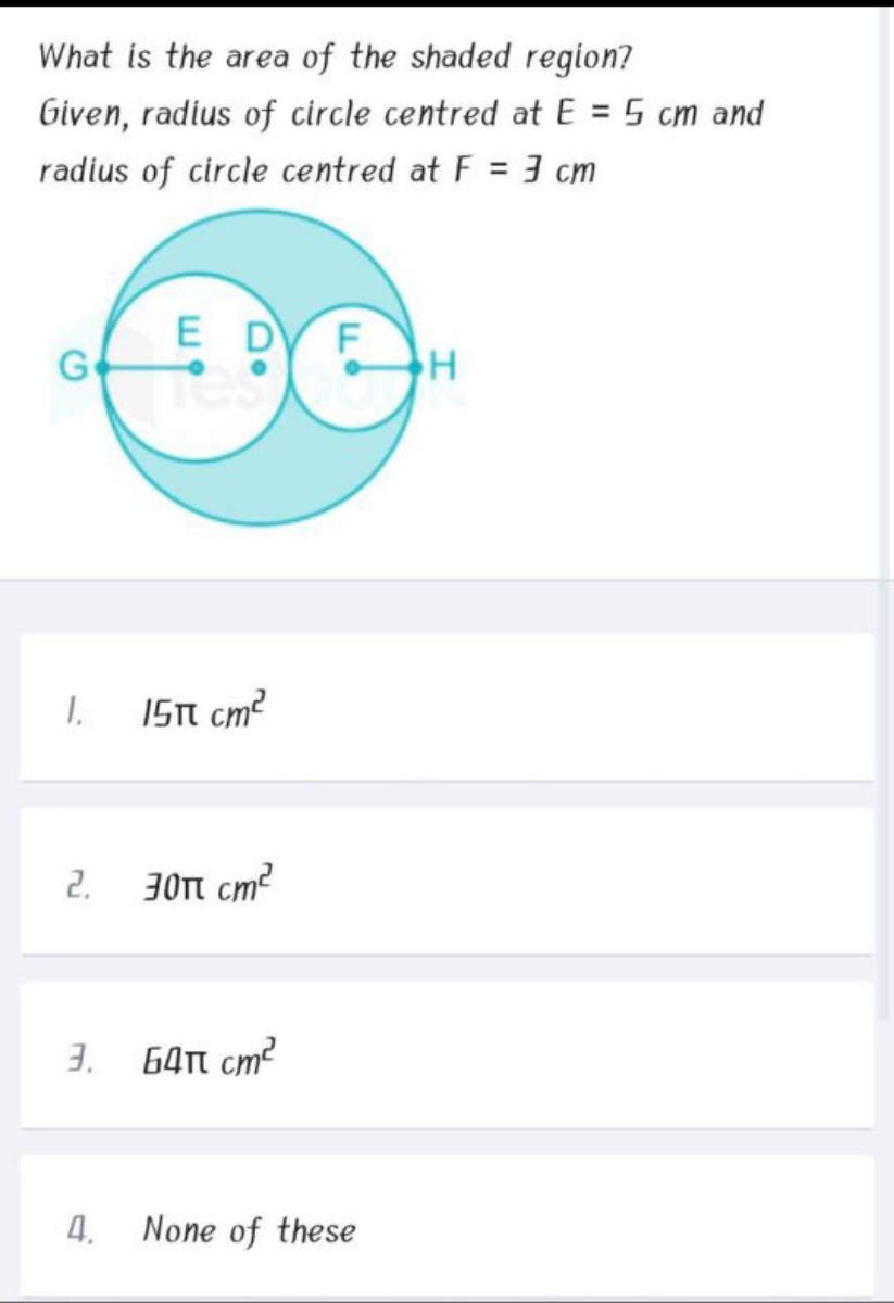 What is the area of the shaded region?
Given, radius of circle centred