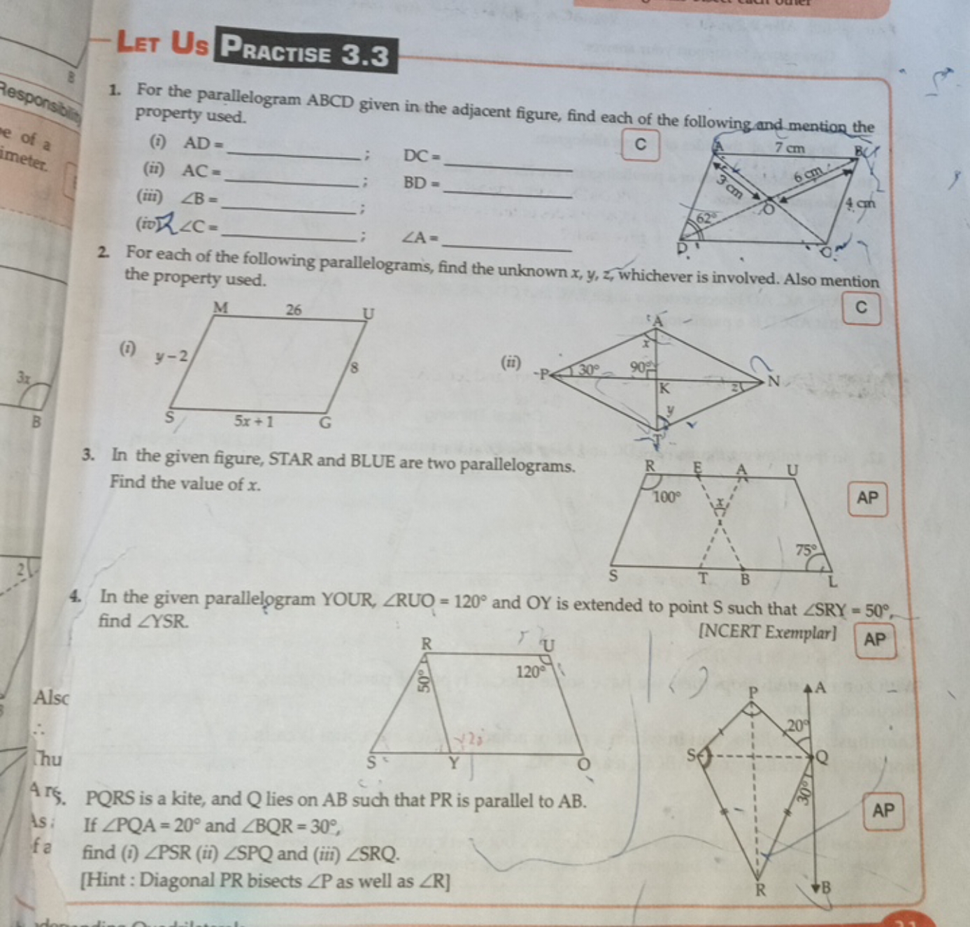 Let Us Practise 3.3
1. For the parallelogram ABCD given in the adjacen