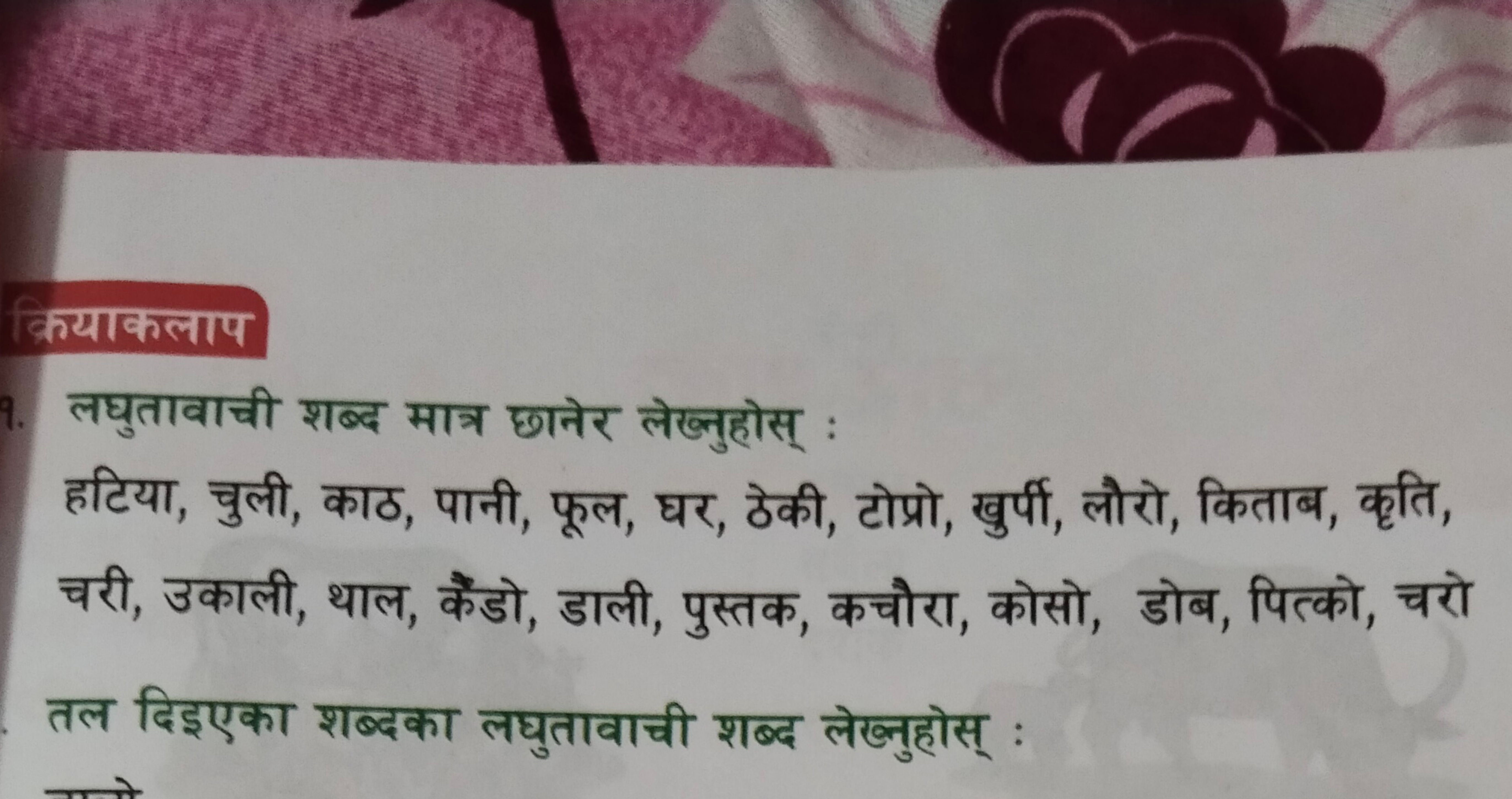 क्रियाकलाप
लघुतावाची शब्द मात्र छानेर लेख्नुहोस् :
हटिया, चुली, काठ, प