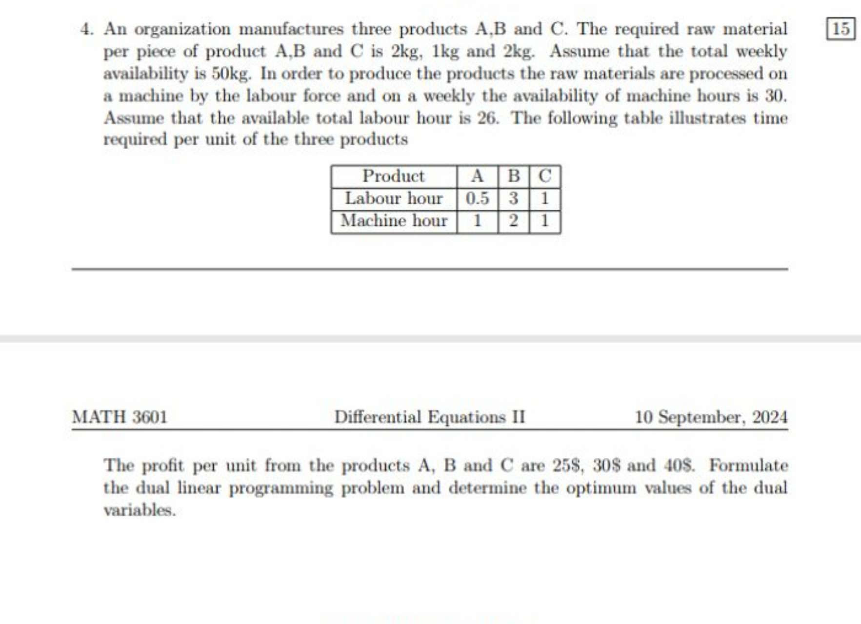 4. An organization manufactures three products A,B and C. The required