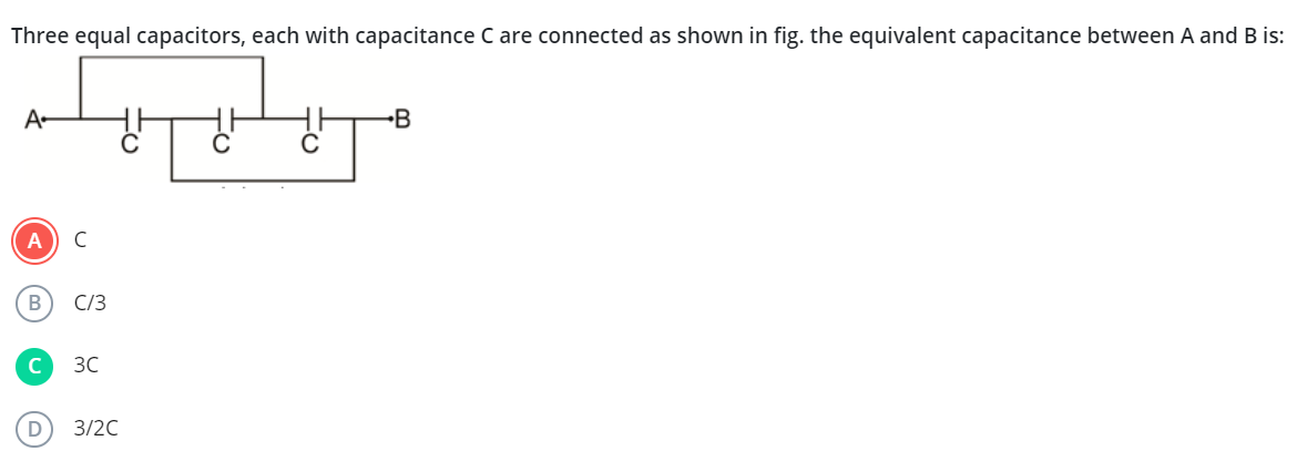 Three equal capacitors, each with capacitance C are connected as shown