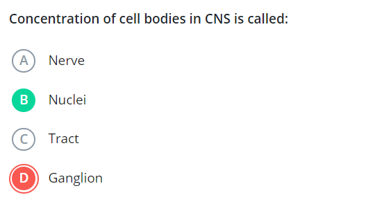 Concentration of cell bodies in CNS is called:
(A) Nerve

B Nuclei
(C)