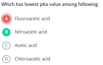 Which has lowest pKa value among following
(A) Fluoroacetic acid

B Ni