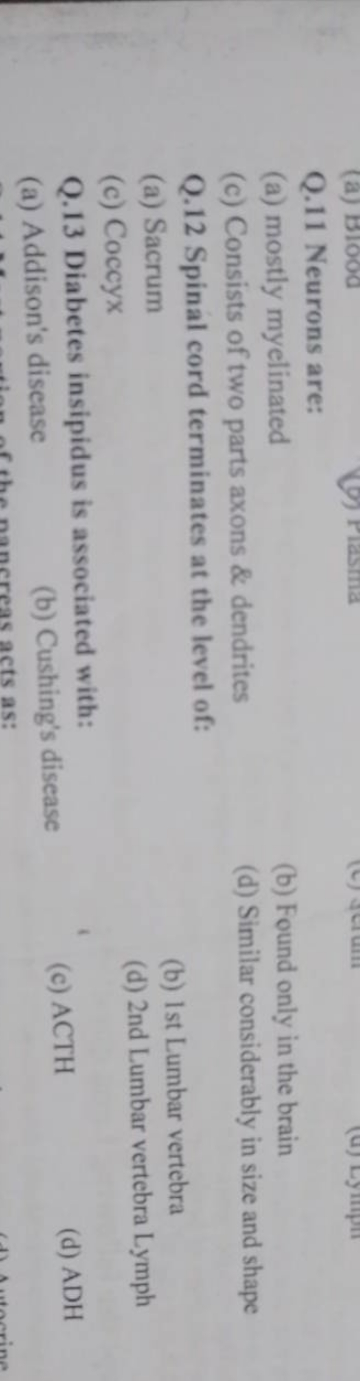 Q. 11 Neurons are:
(a) mostly myelinated
(b) Found only in the brain
(