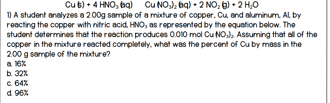 Cu(s)+4HNO3​ (qq) Cu(NO3​)2​(aq)+2NO2​( g)+2H2​O
1) A student analyzes