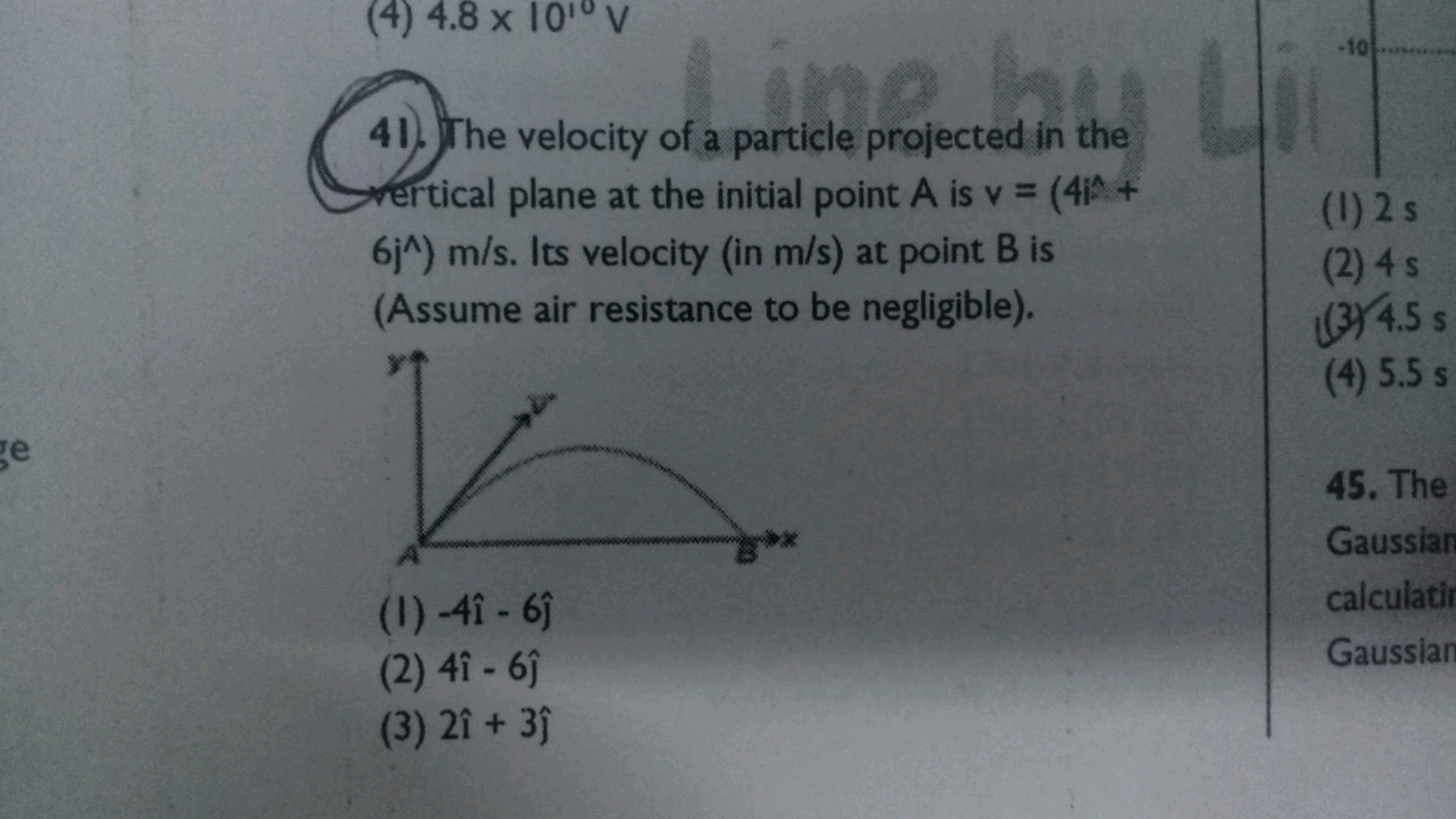 41. The velocity of a particle projected in the Vertical plane at the 