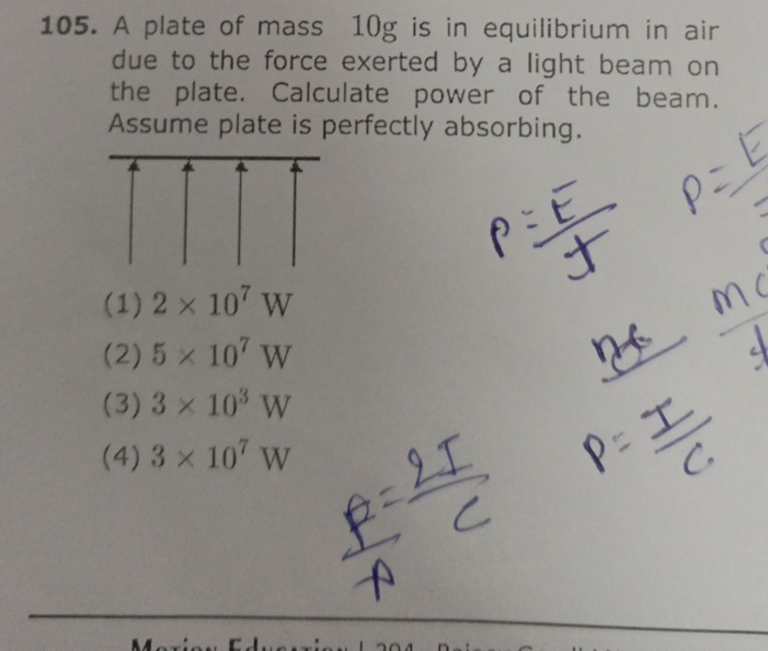 105. A plate of mass 10 g is in equilibrium in air due to the force ex