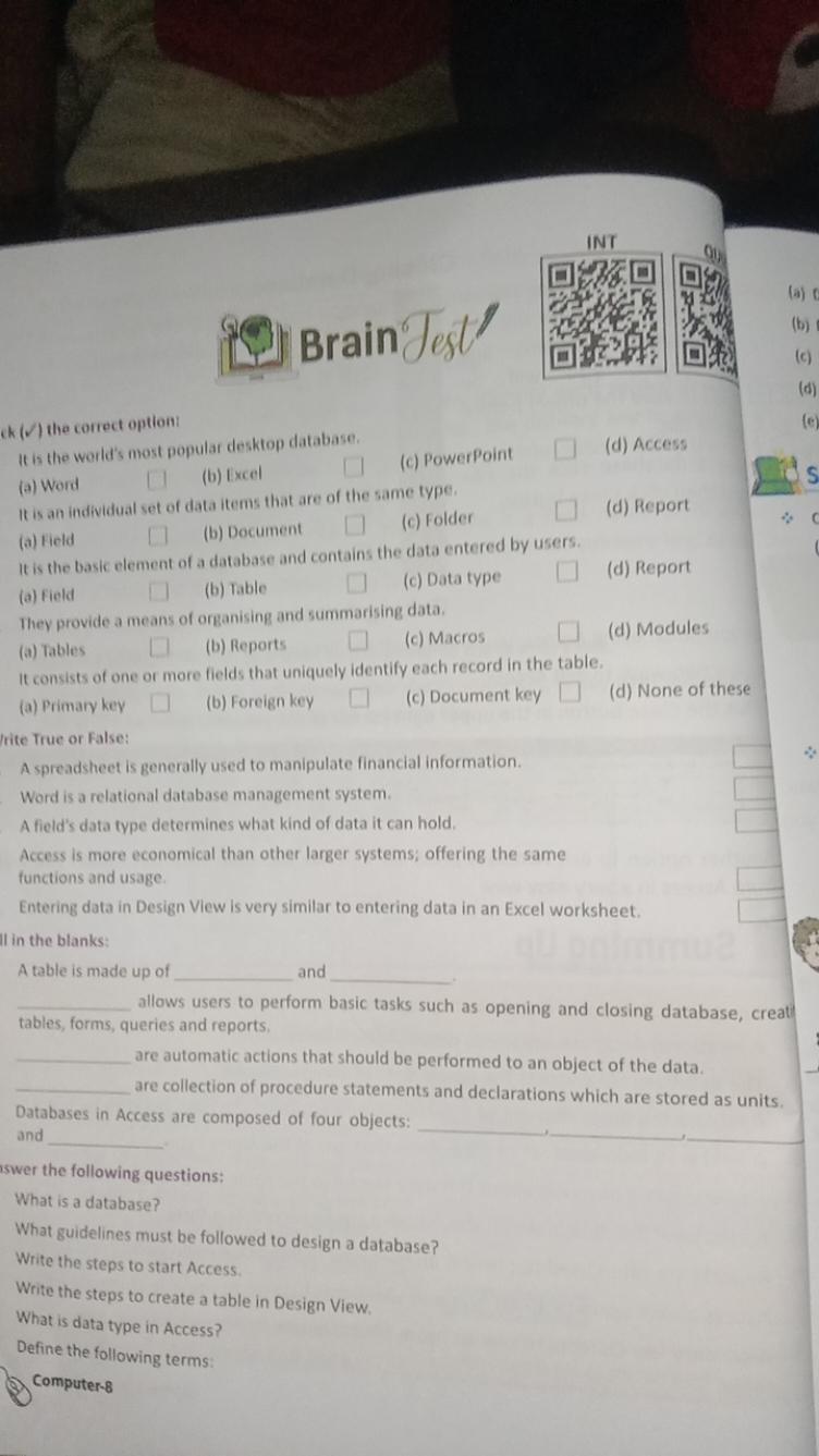 Bain Brain
Qu)
(a)
(b)
(c)
(d)
ck(✓) the correct optiont
It is the wor