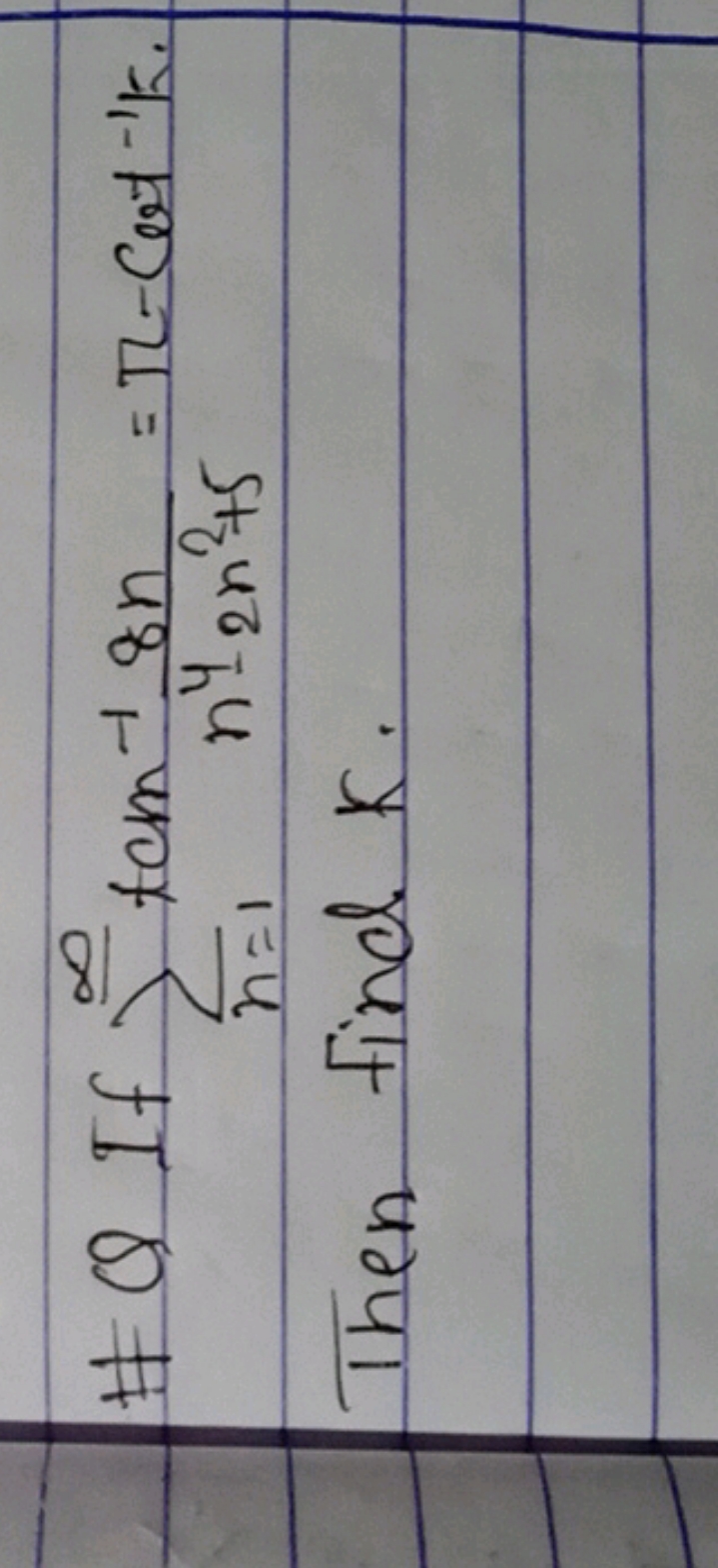 #Q If n=1∑∞​tan−1n4−2n2+58n​​=π−cot−1k. 

Then find K.