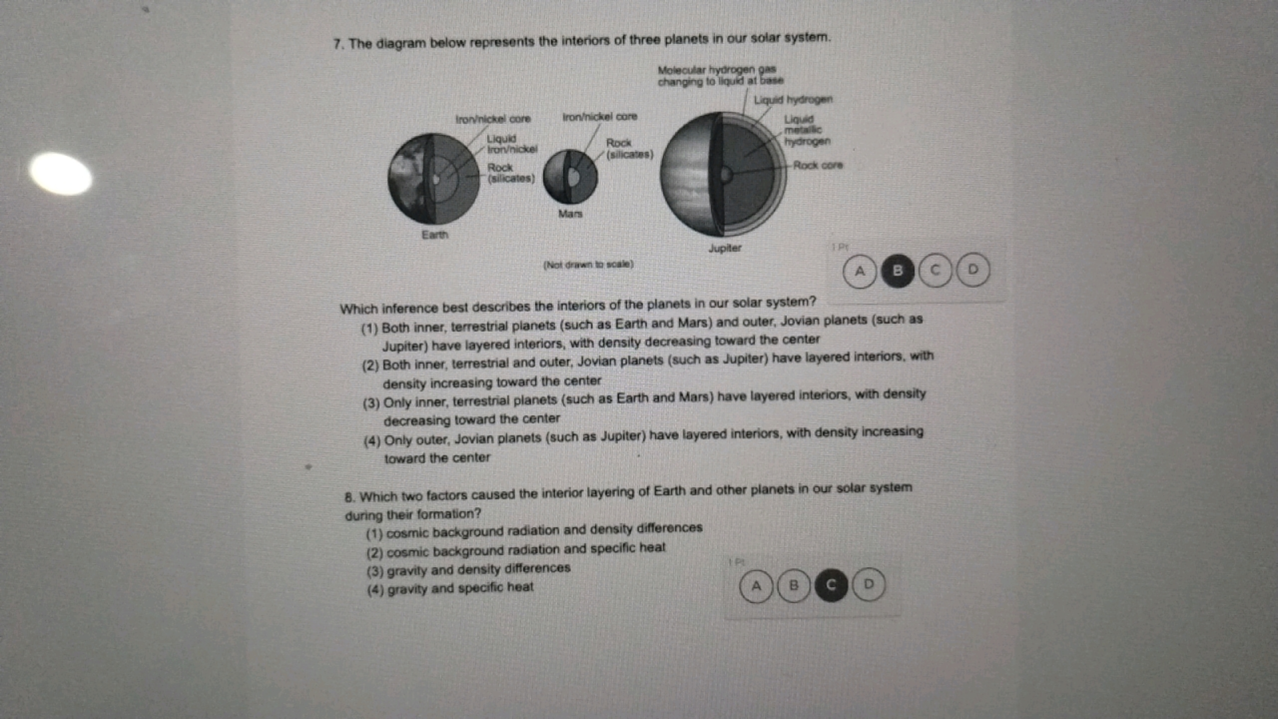 7. The diagram below represents the interiors of three planets in our 