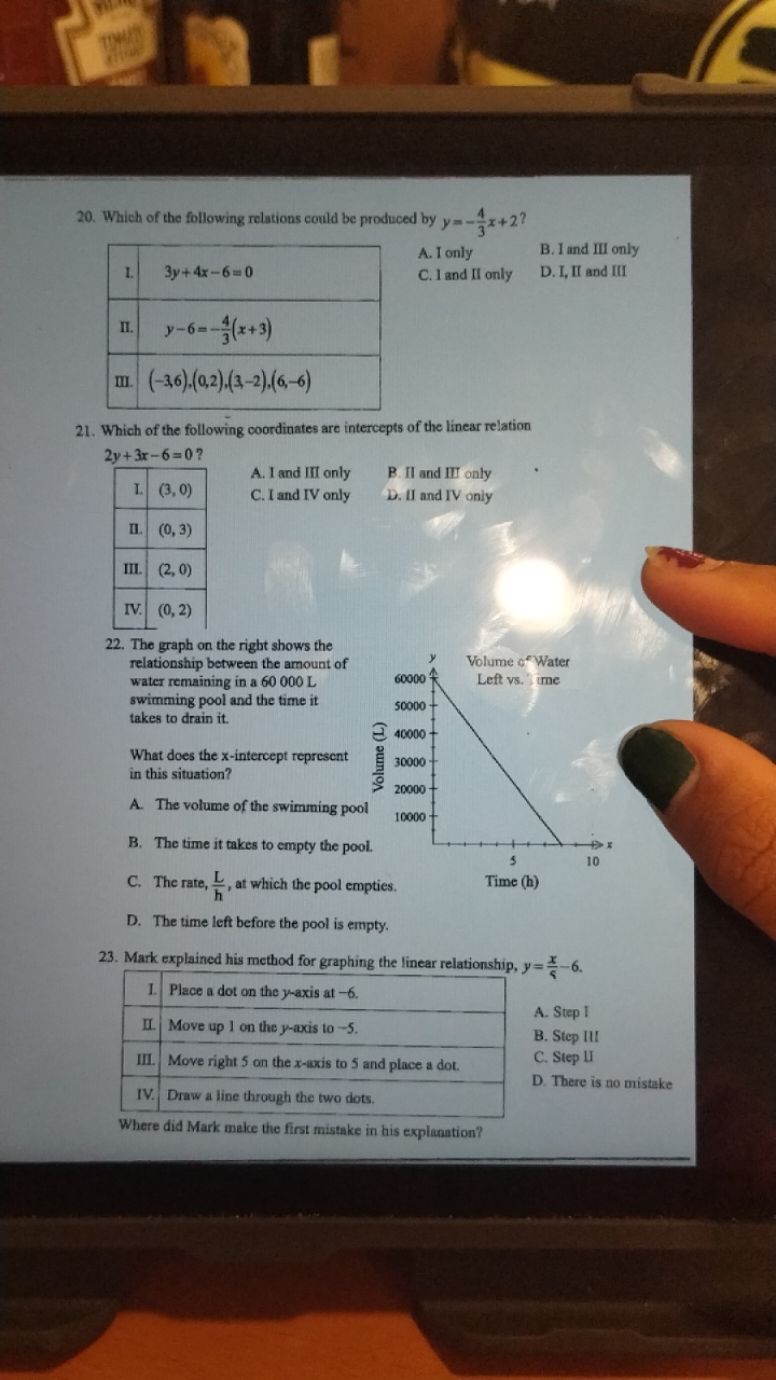 20. Which of the following relations could be produced by y=−34​x+2 ?
