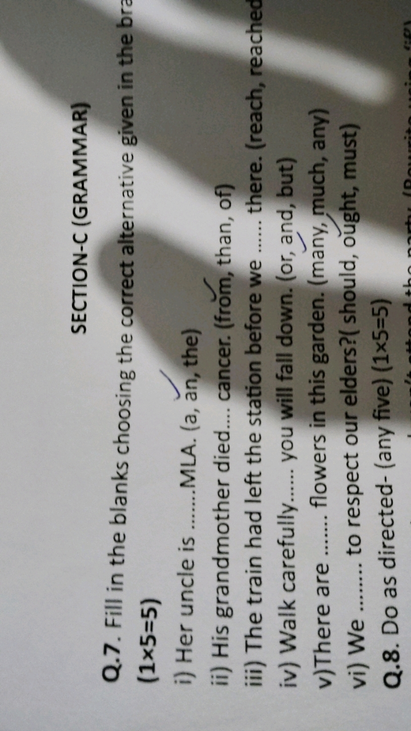 SECTION-C (GRAMMAR)
Q.7. Fill in the blanks choosing the correct alter