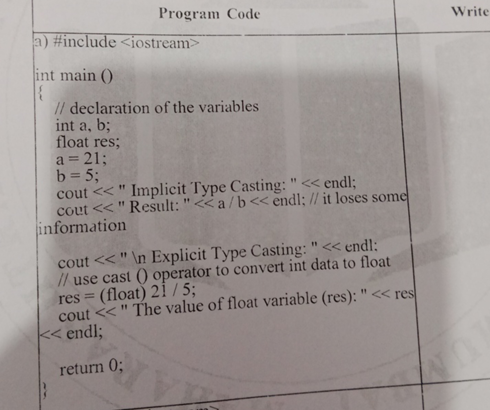 Program Code
Write
a) #include 
int main ()
{
// declaration of the va