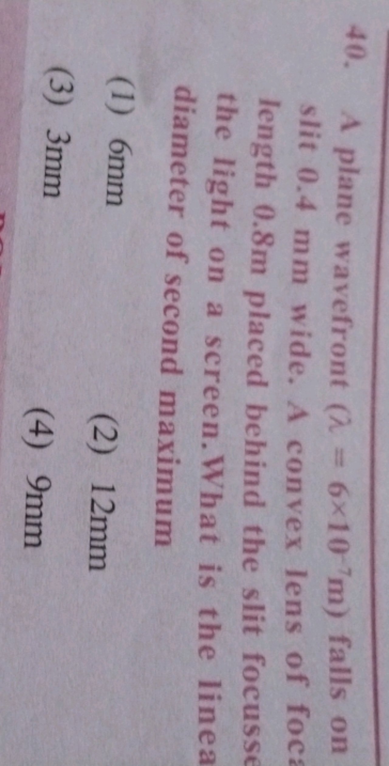 40. A plane wavefront (λ=6×10−7 m) falls on slit 0.4 mm wide. A convex