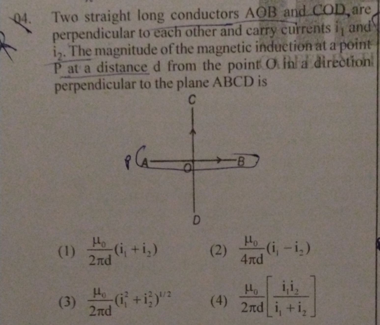 24. Two straight long conductors AOB and COD , are perpendieular to ea