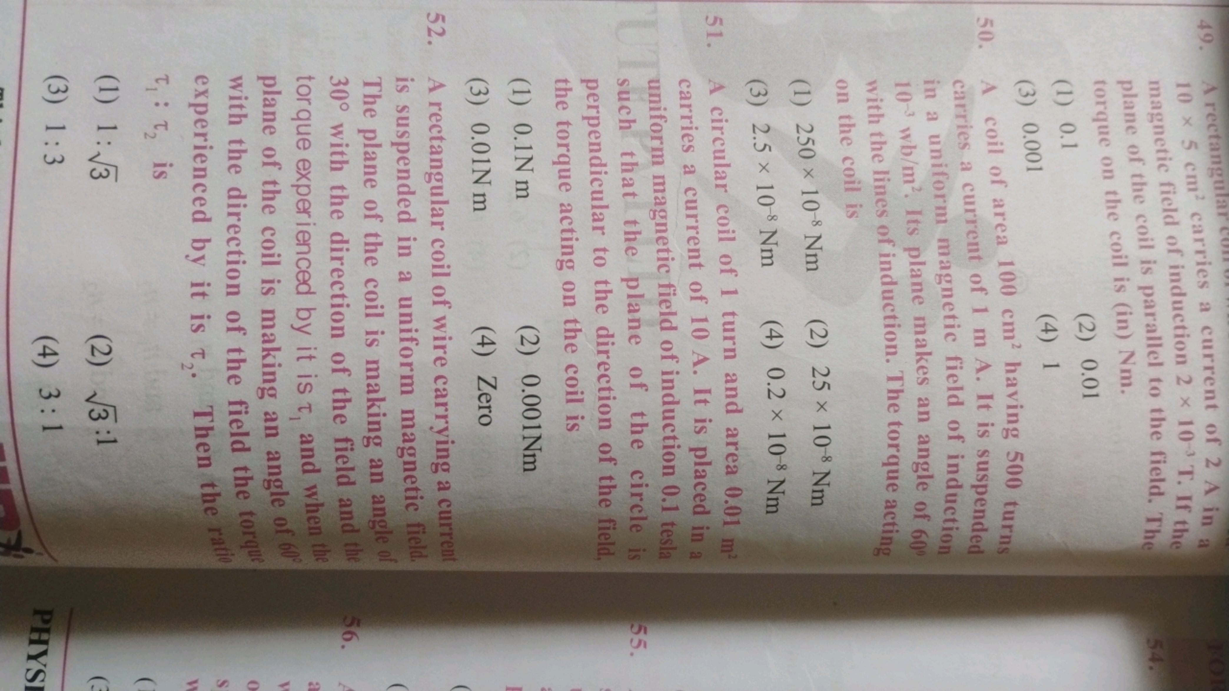 49. A rectangular carries a current of 2 A in a magnetic fietd of indu