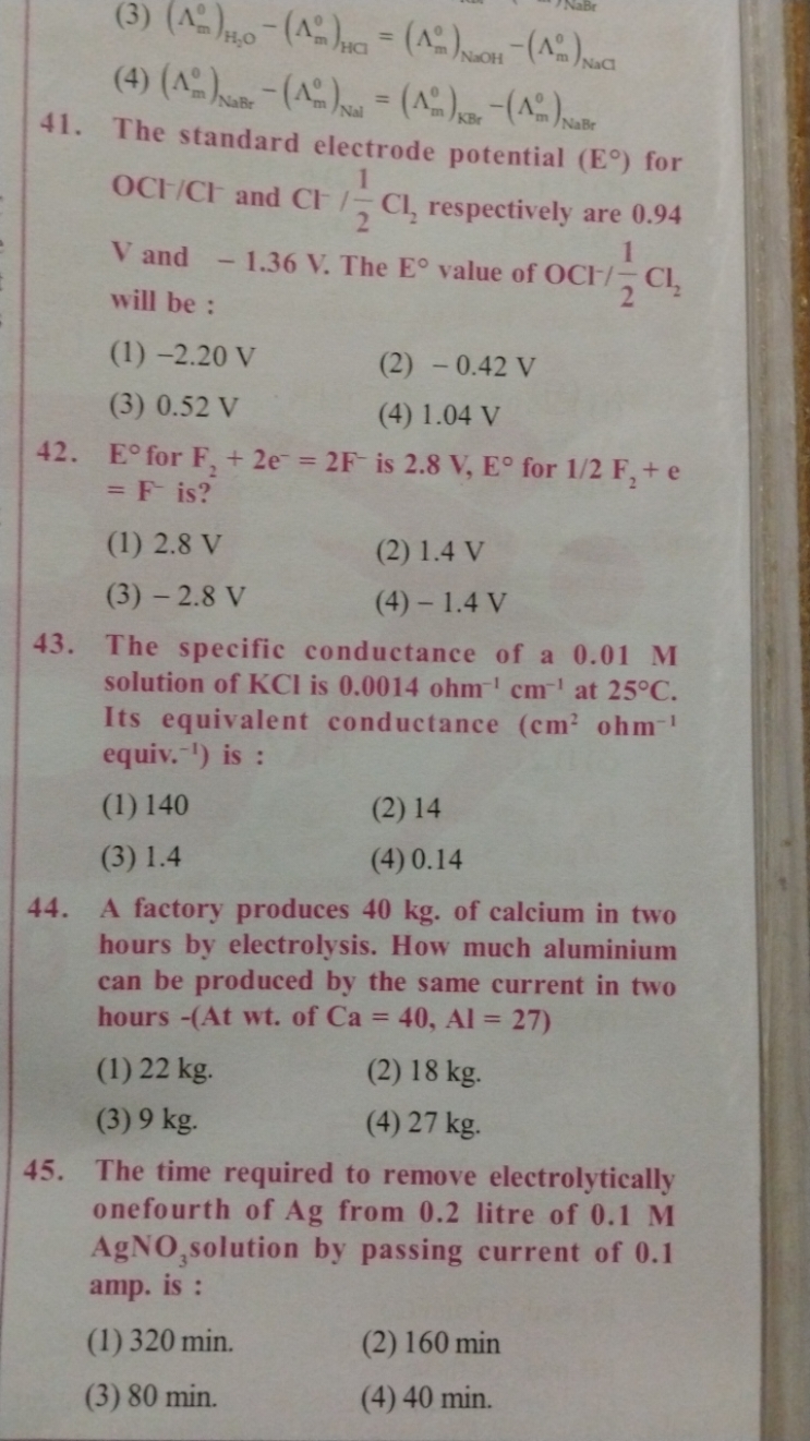 (3) (Λma0​)H2​O​−(Λma0​)HC​=(Λm0​)NOOH​−(Λm0​)NaC​
(4) (Λm0​)Nabr ​−(Λ