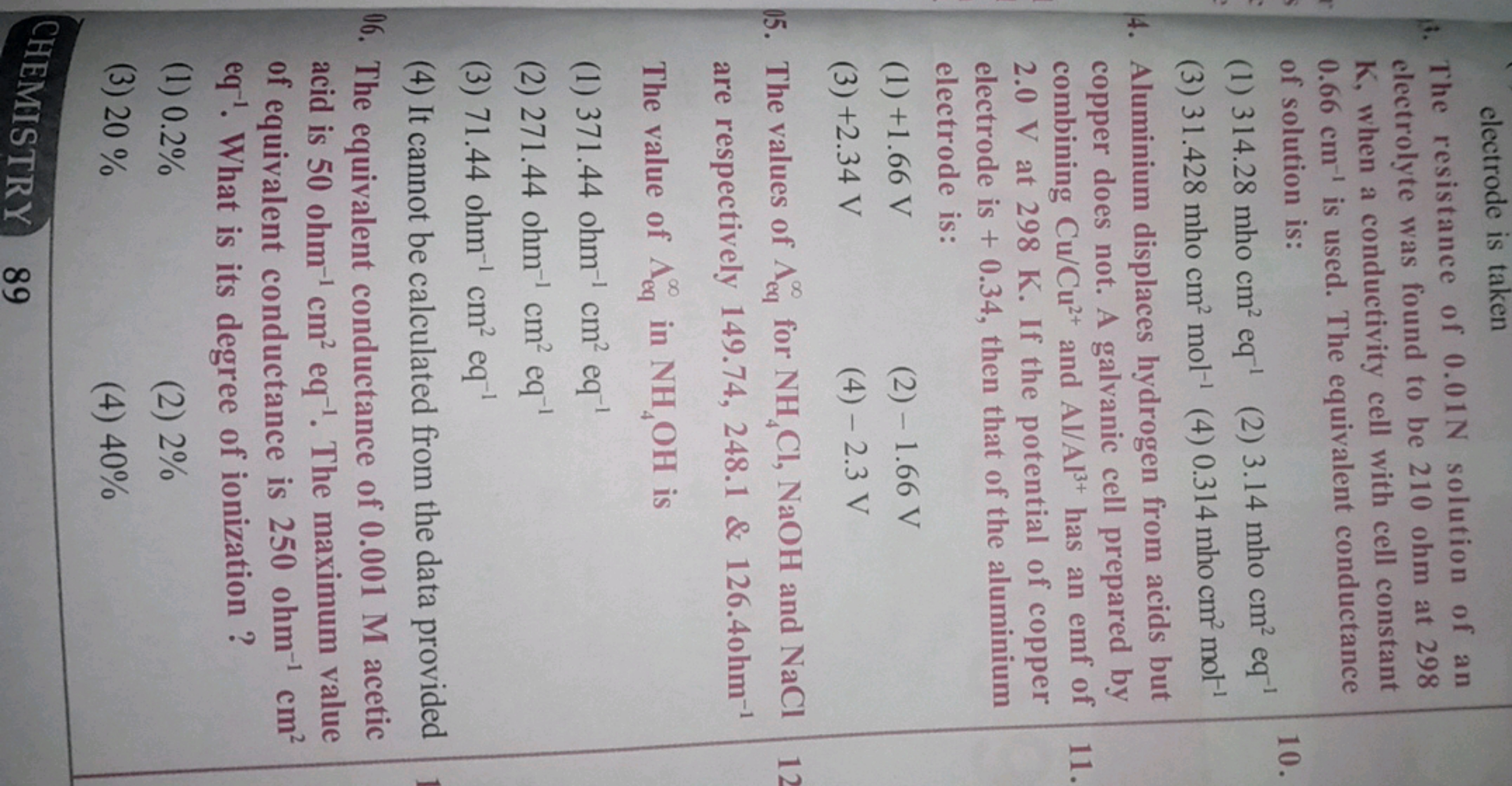 electrode is taken
8. The resistance of 0.01 N solution of an electrol