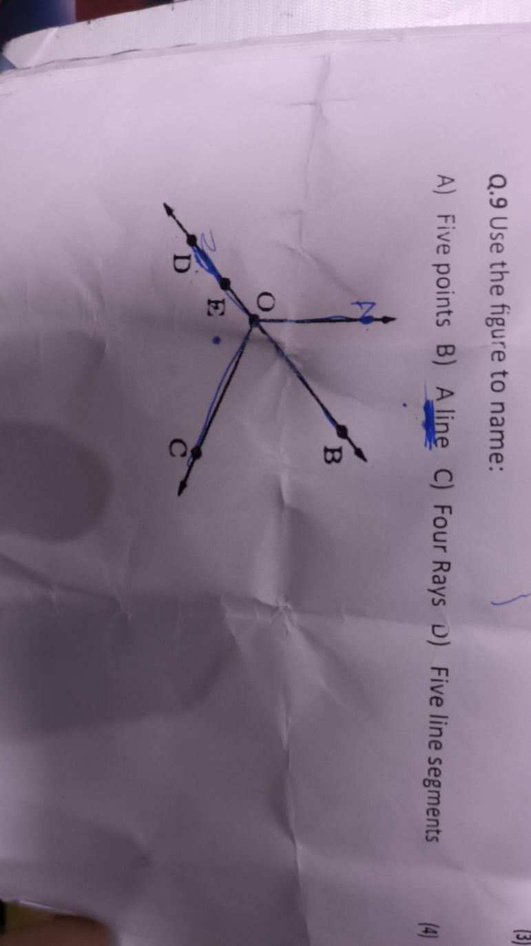 Q. 9 Use the figure to name:
A) Five points
B) A line
C) Four Rays
D) 