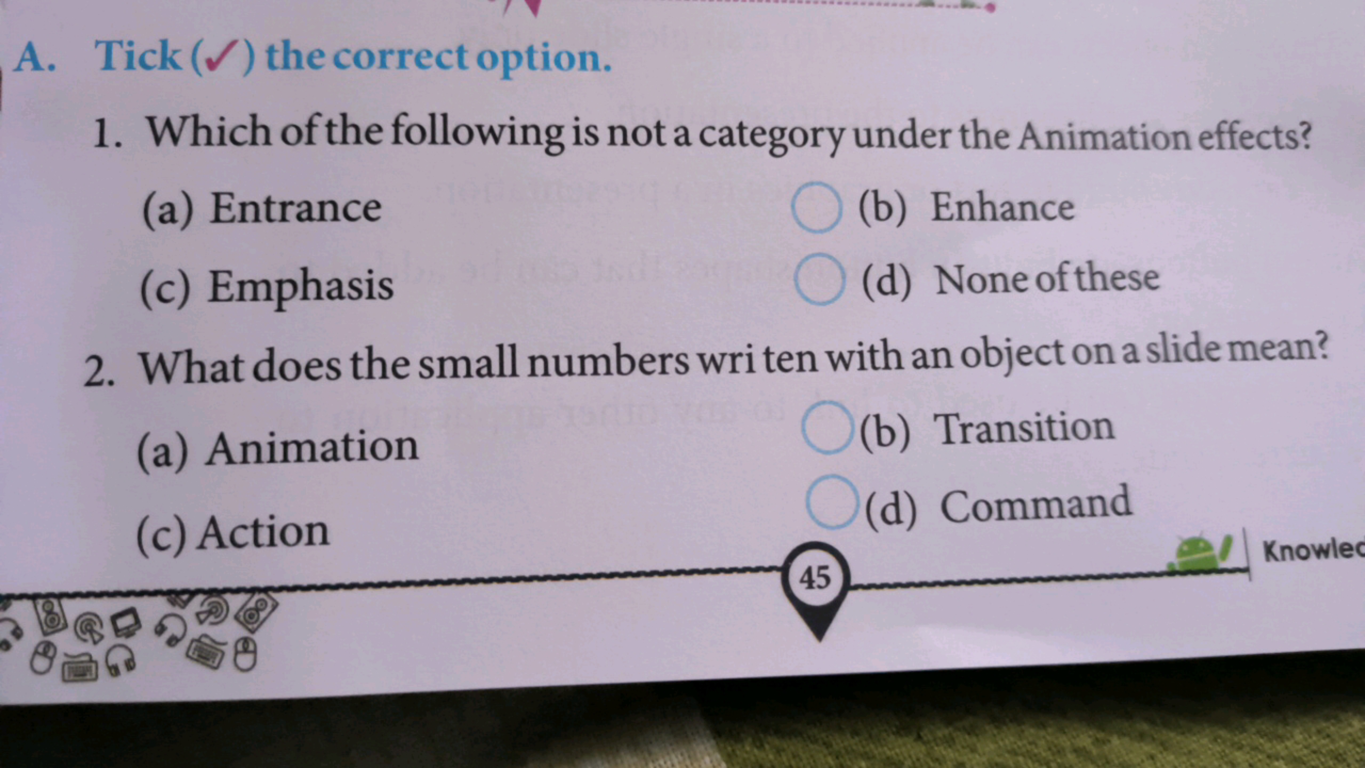 A. Tick() the correct option.
1. Which of the following is not a categ