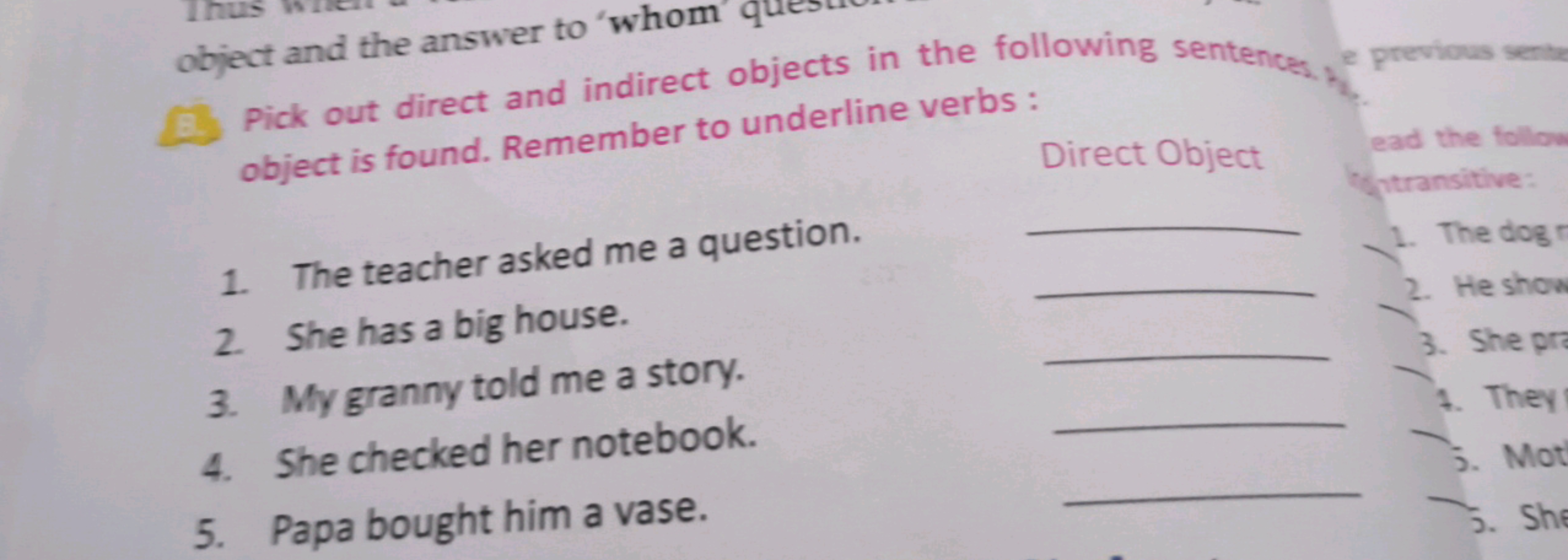 object and the answer to 'whom' object is found. Remember to underline