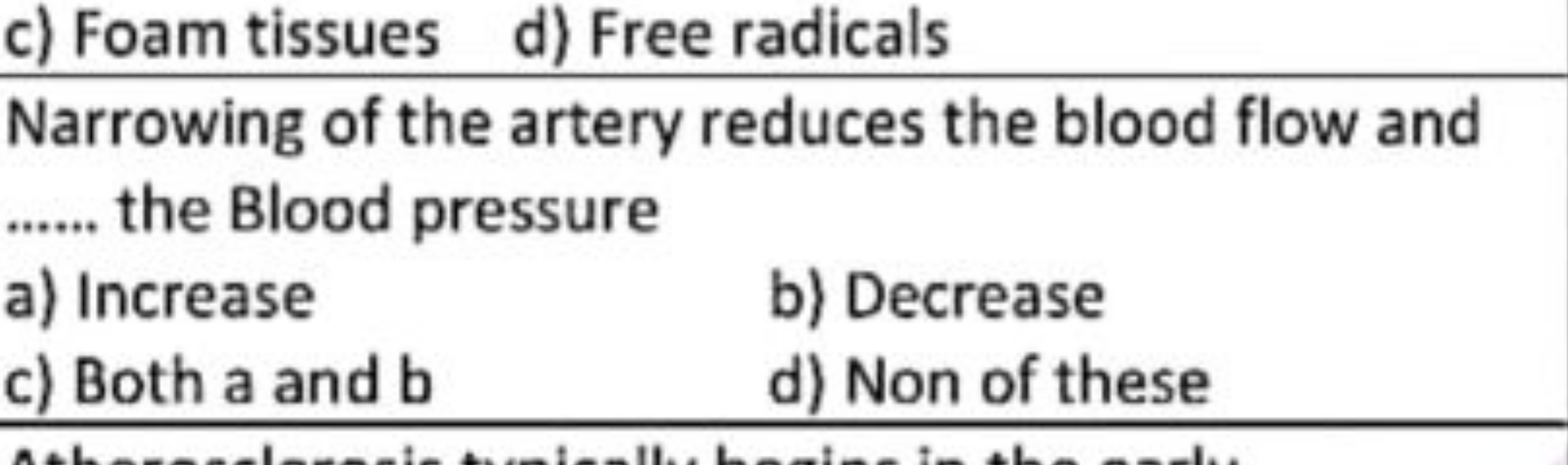 c) Foam tissues
d) Free radicals

Narrowing of the artery reduces the 