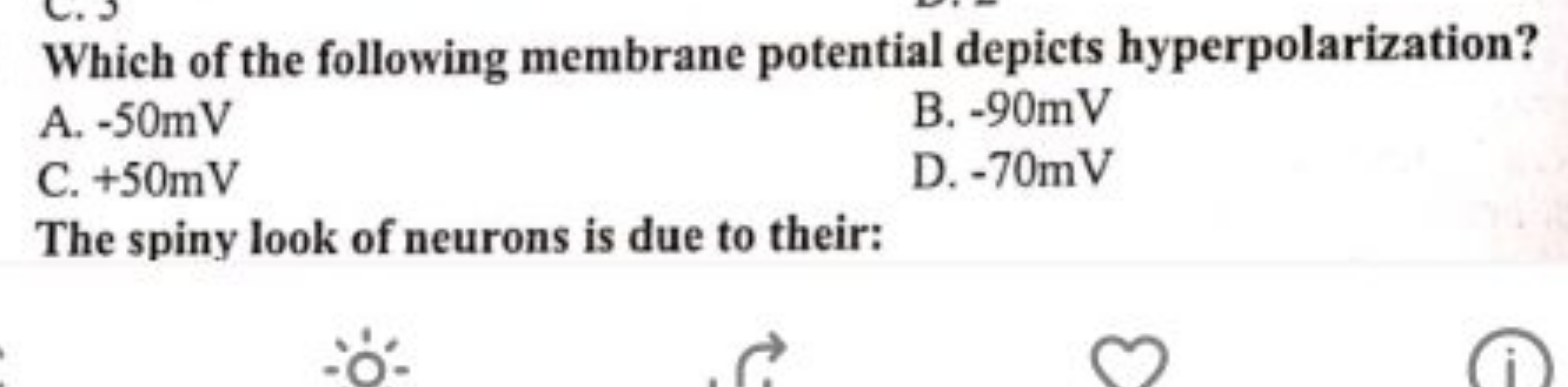 Which of the following membrane potential depicts hyperpolarization?
A