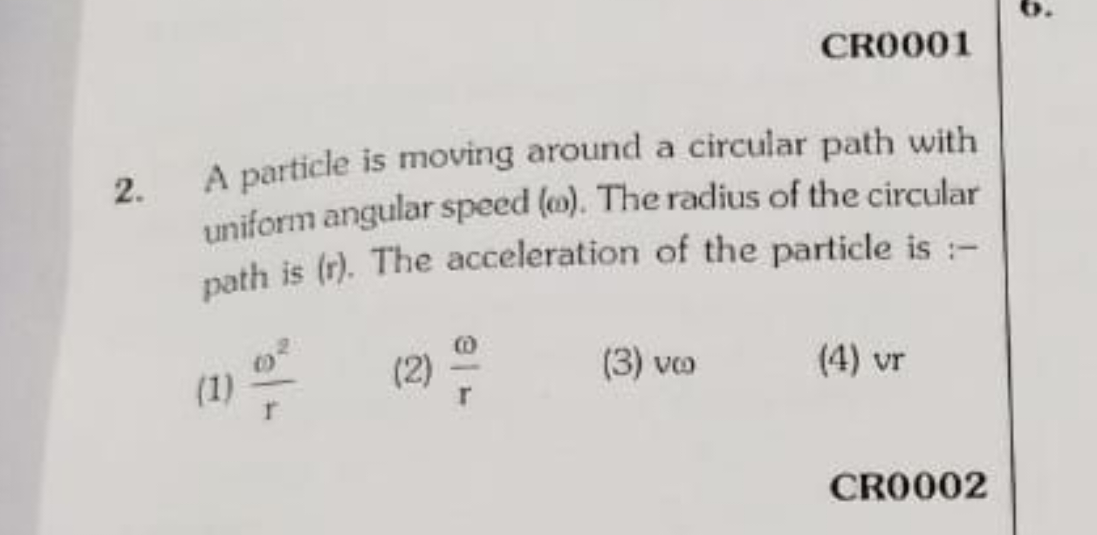 CR0001
2. A particle is moving around a circular path with uniform ang