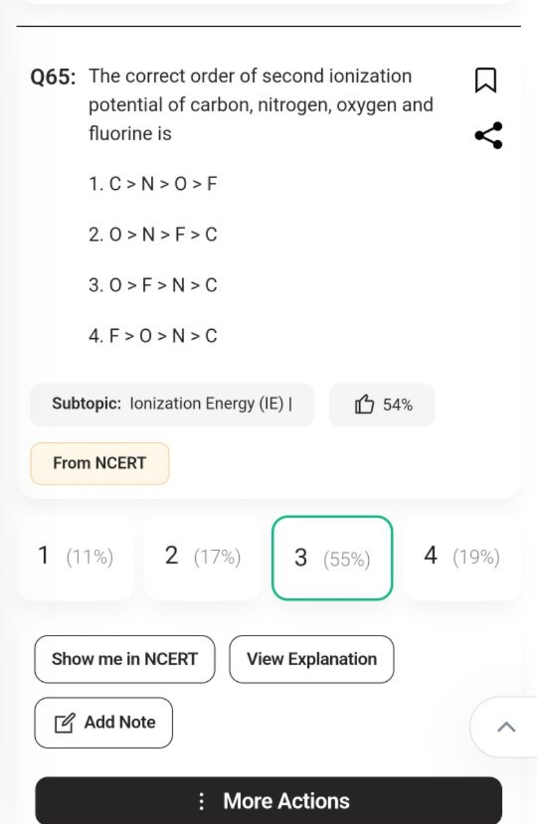 Q65: The correct order of second ionization potential of carbon, nitro