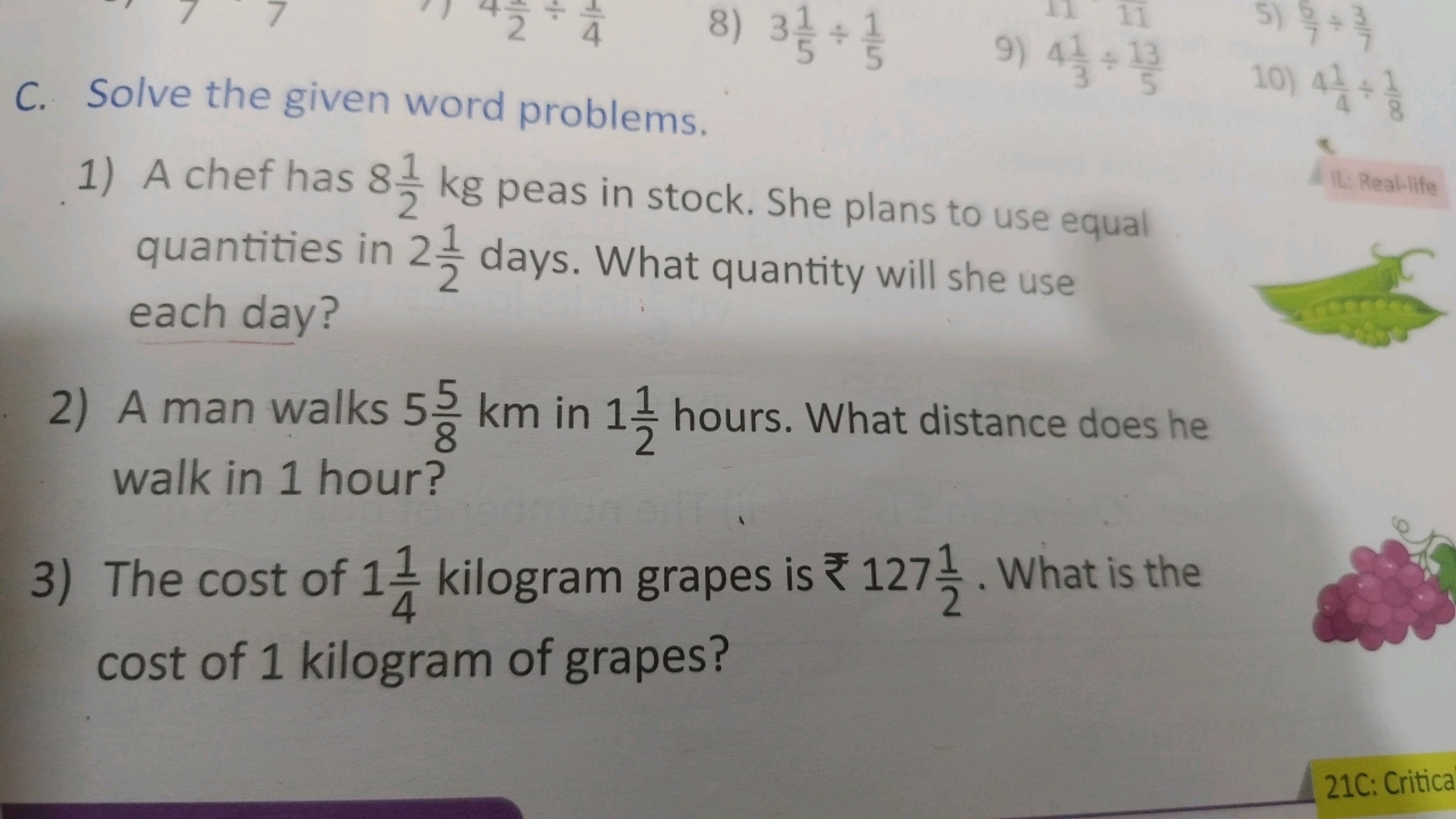 C. Solve the given word problems.
8) 351​÷51​
9) 431​÷513​
1) A chef h