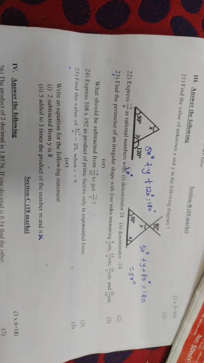 III. Answer the following

Section-B (10 marks)
21) Find the value of 