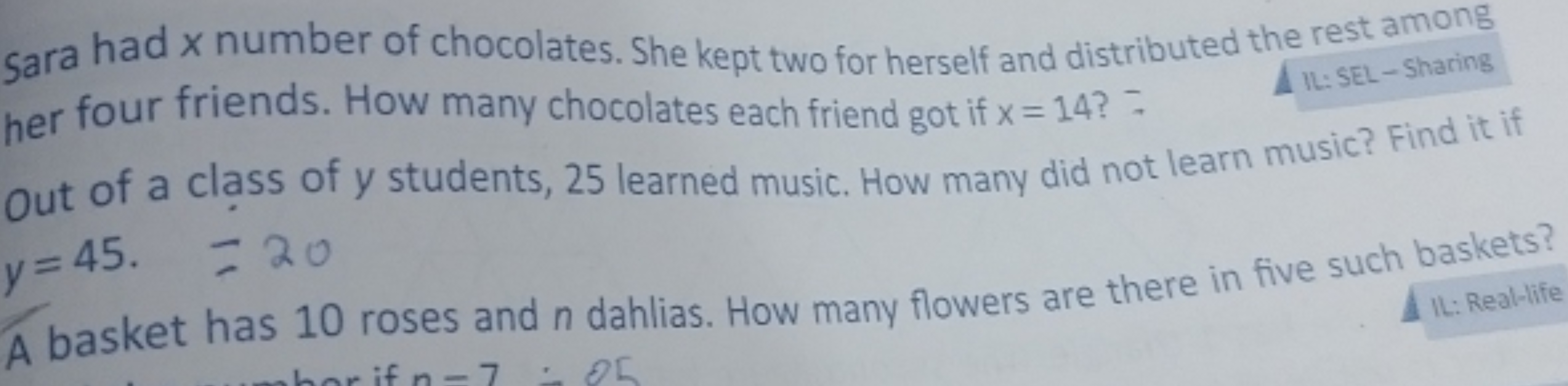 sara had x number of chocolates. She kept two for herself and distribu