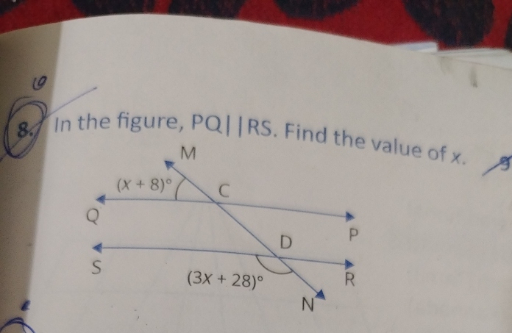 8. In the figure, PQ||RS. Find the value of x.