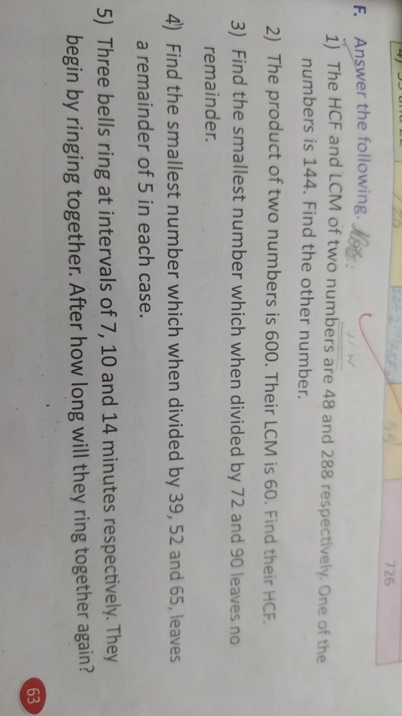 F. Answer the following.
1) The HCF and LCM of two numbers are 48 and 