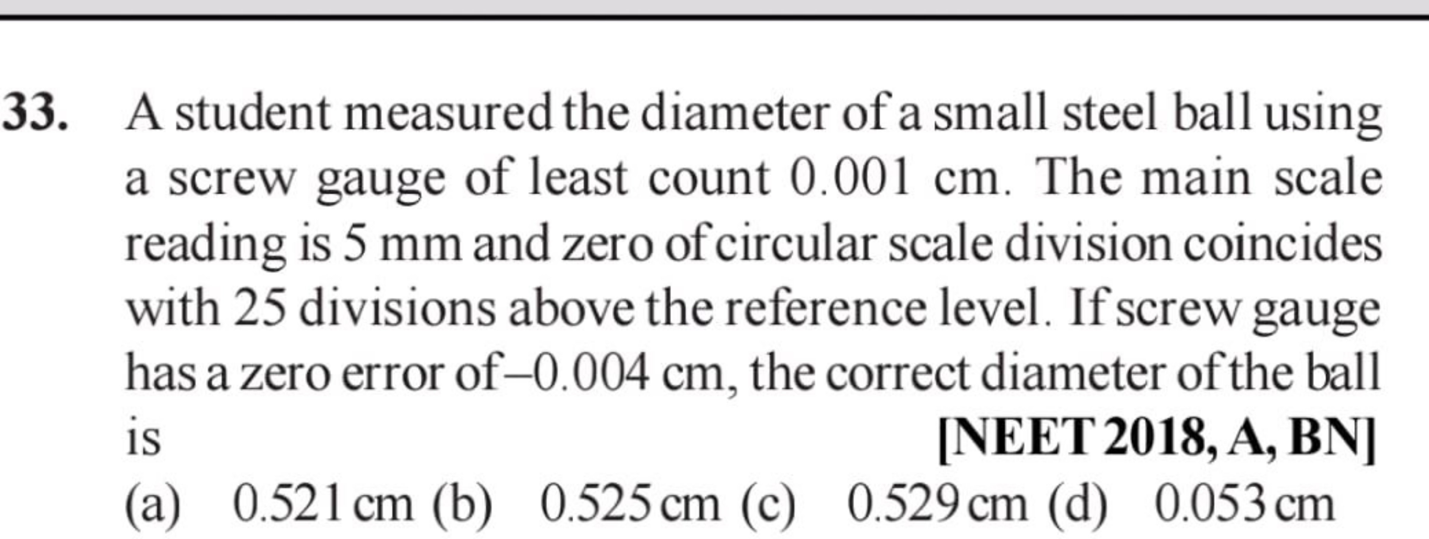 33. A student measured the diameter of a small steel ball using a scre