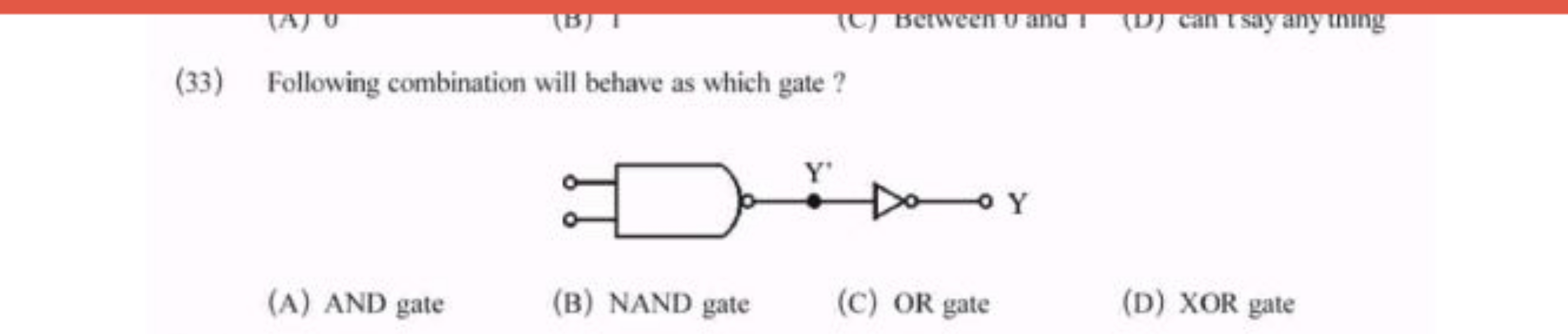 (33) Following combination will behave as which gate?
(A) AND gate
(B)