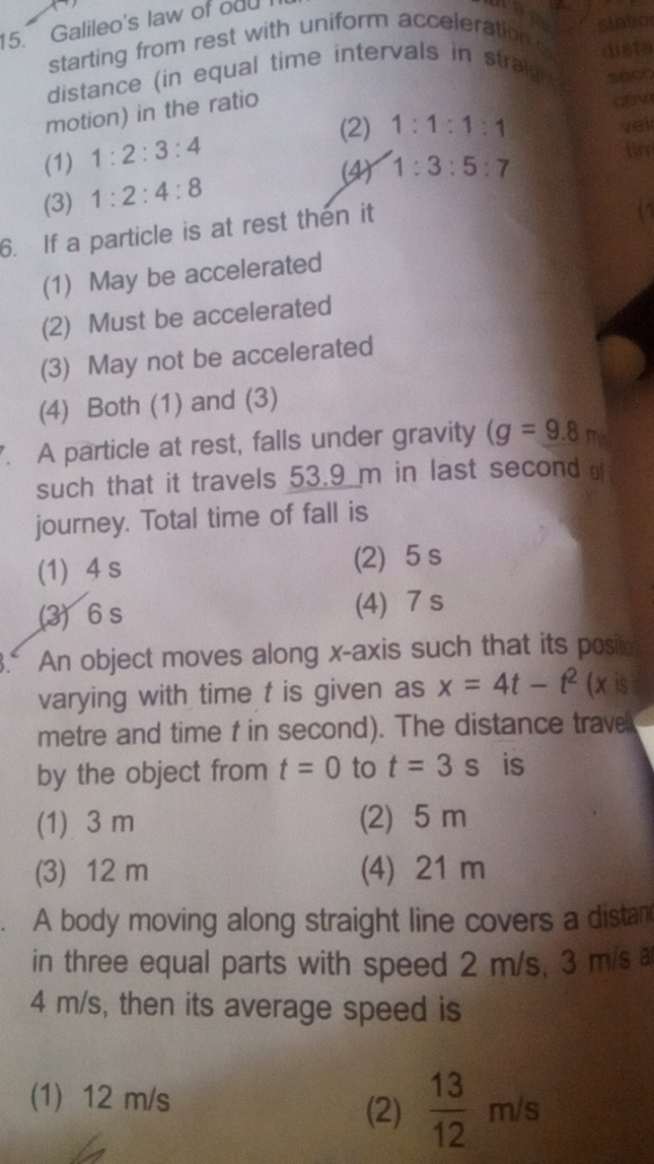 15. Galileo's law of O starting from rest with uniform acceleration di