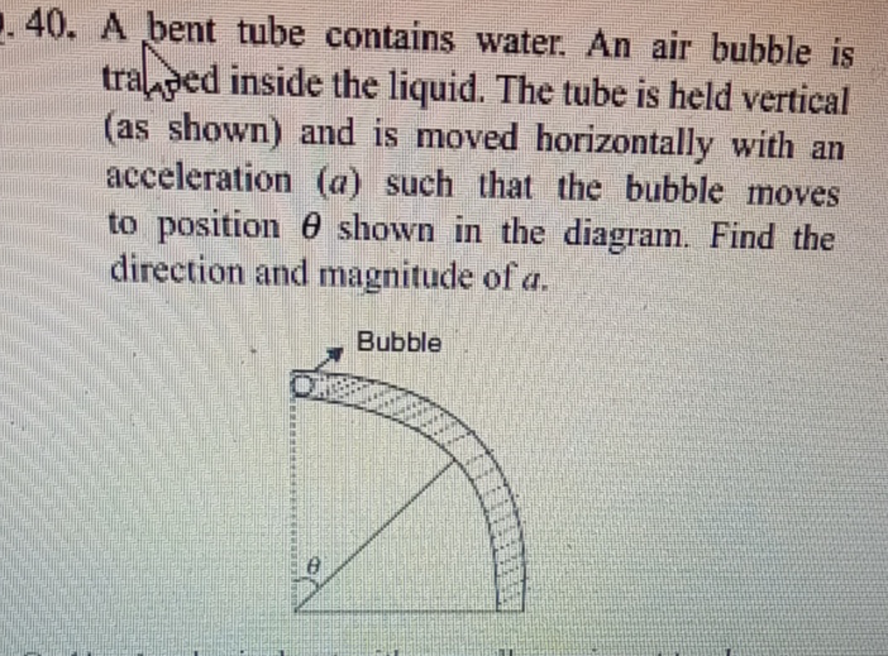 40. A bent tube contains water. An air bubble is traned inside the liq