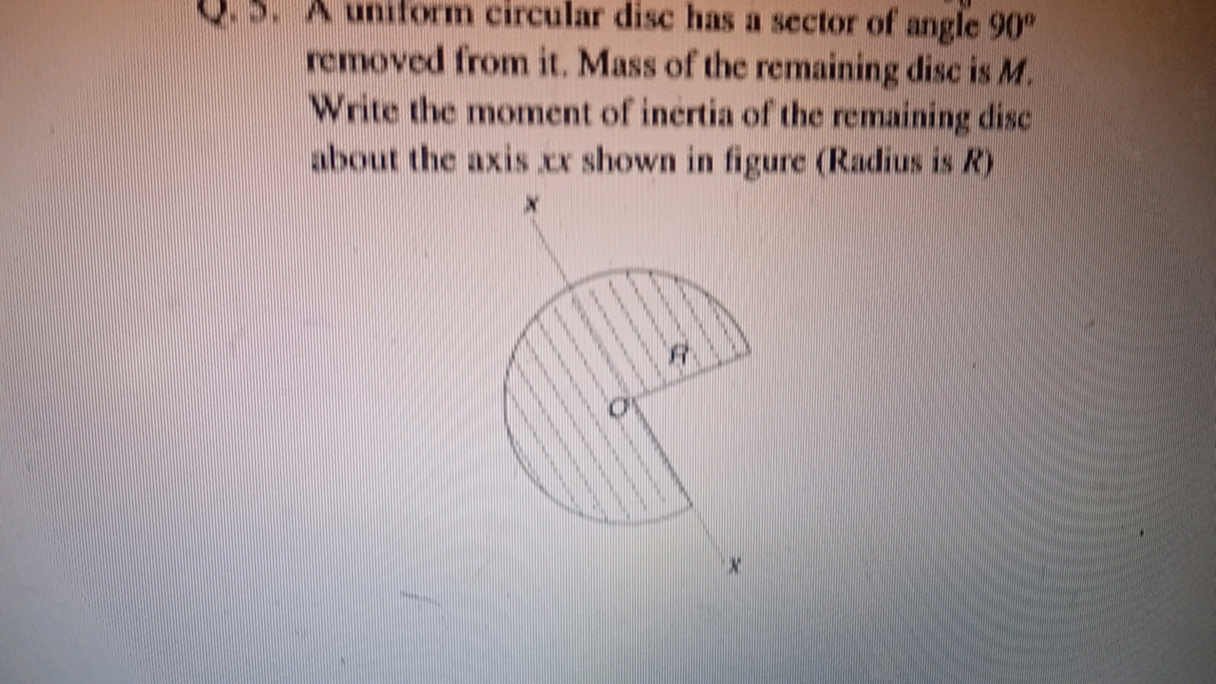 Q. 5, A uniform circular disc has a sector of angle 90∘ removed from i