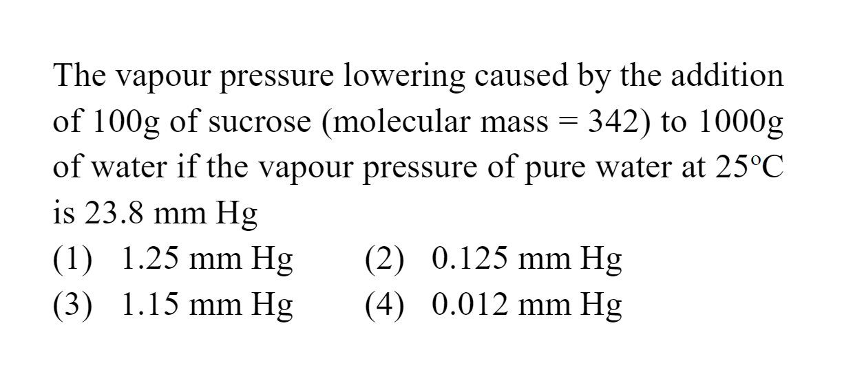 The vapour pressure lowering caused by the addition of 100 g of sucros