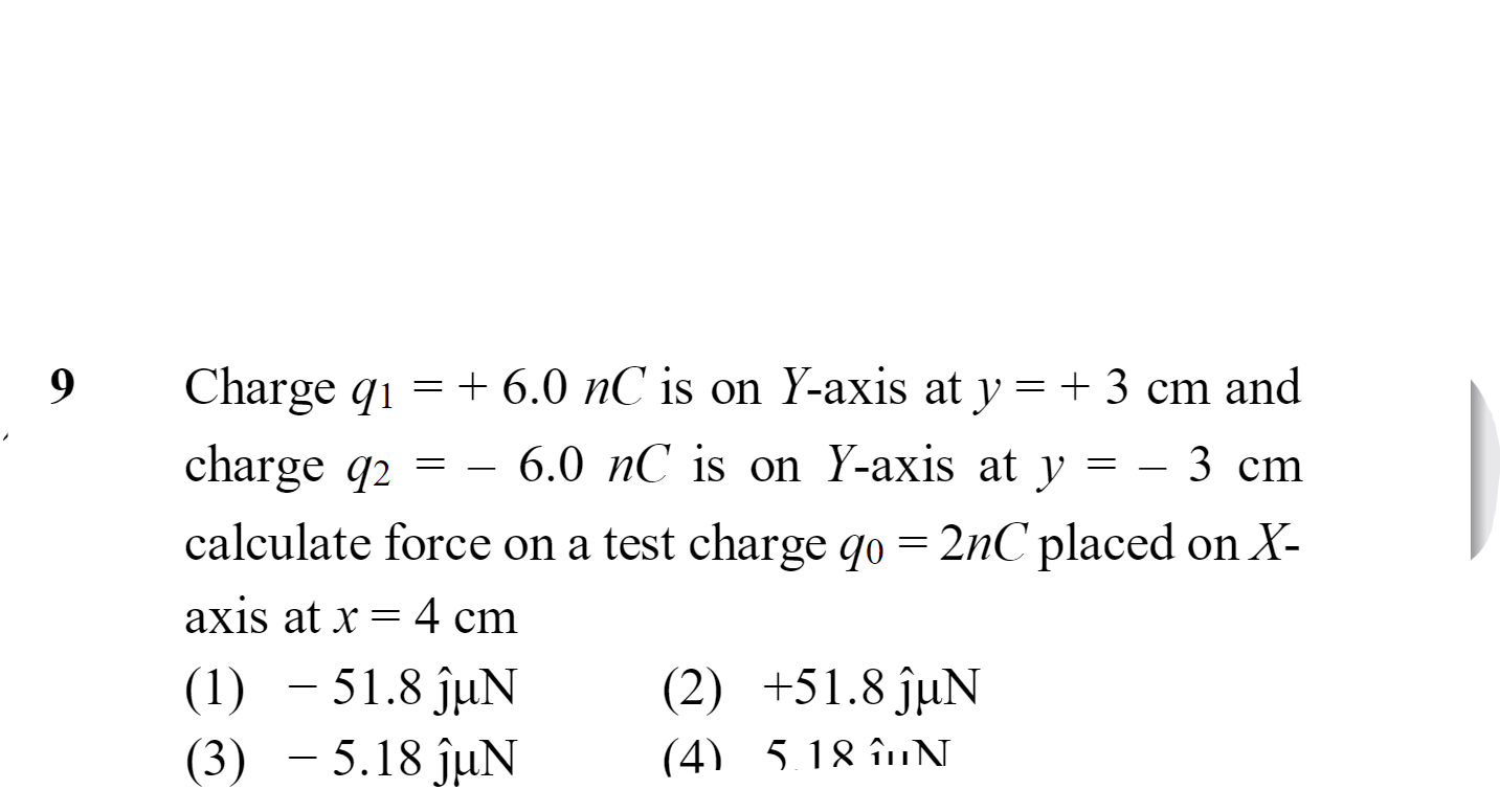 9 Charge q1​=+6.0nC is on Y-axis at y=+3 cm and charge q2​=−6.0nC is o