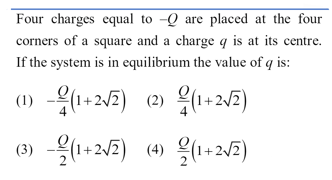 Four charges equal to −Q are placed at the four corners of a square an