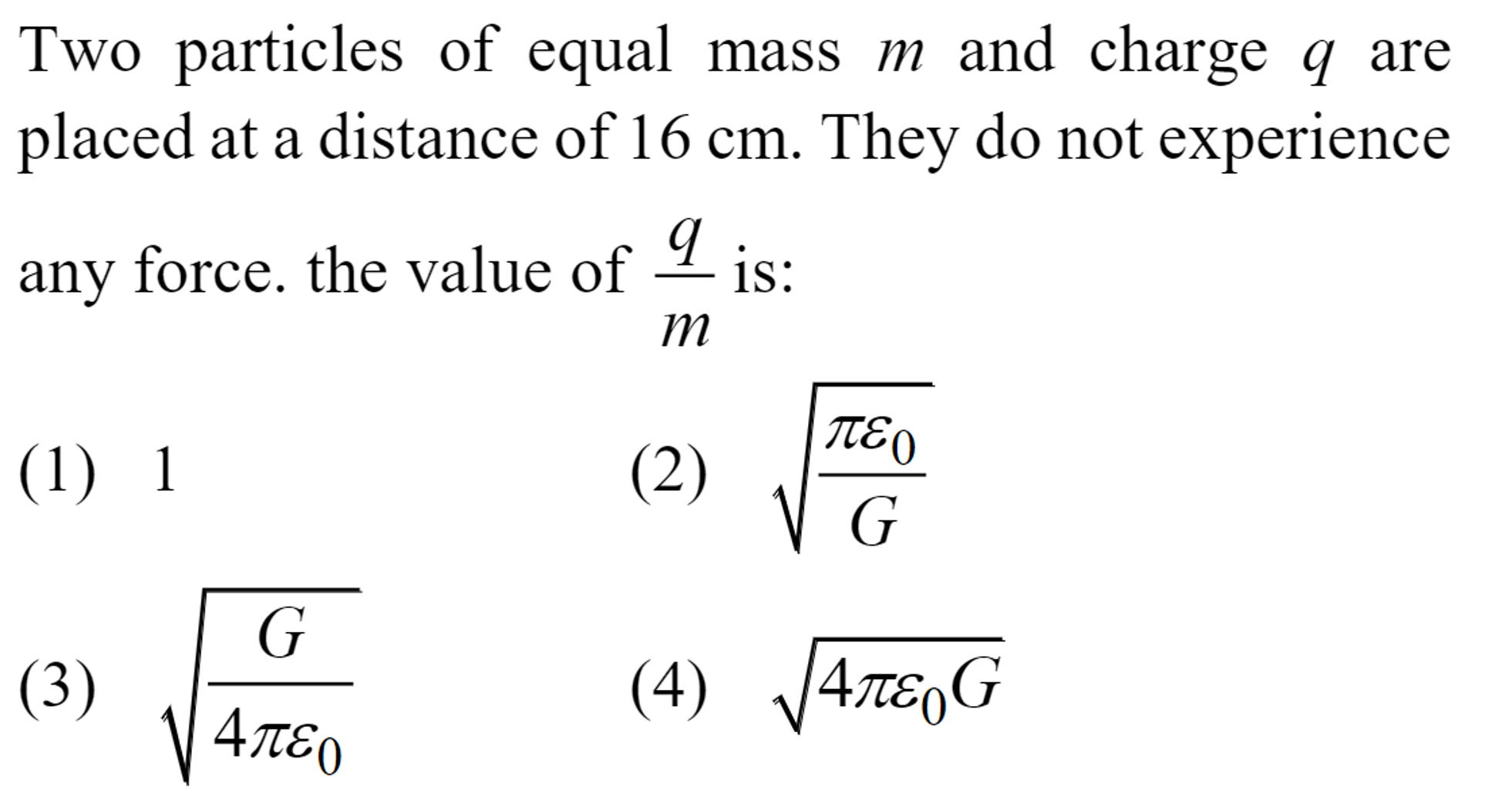 Two particles of equal mass m and charge q are placed at a distance of