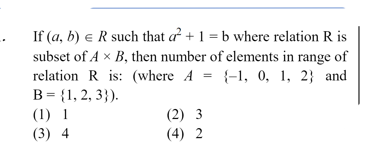 If (a,b)∈R such that a2+1=b where relation R is subset of A×B, then nu