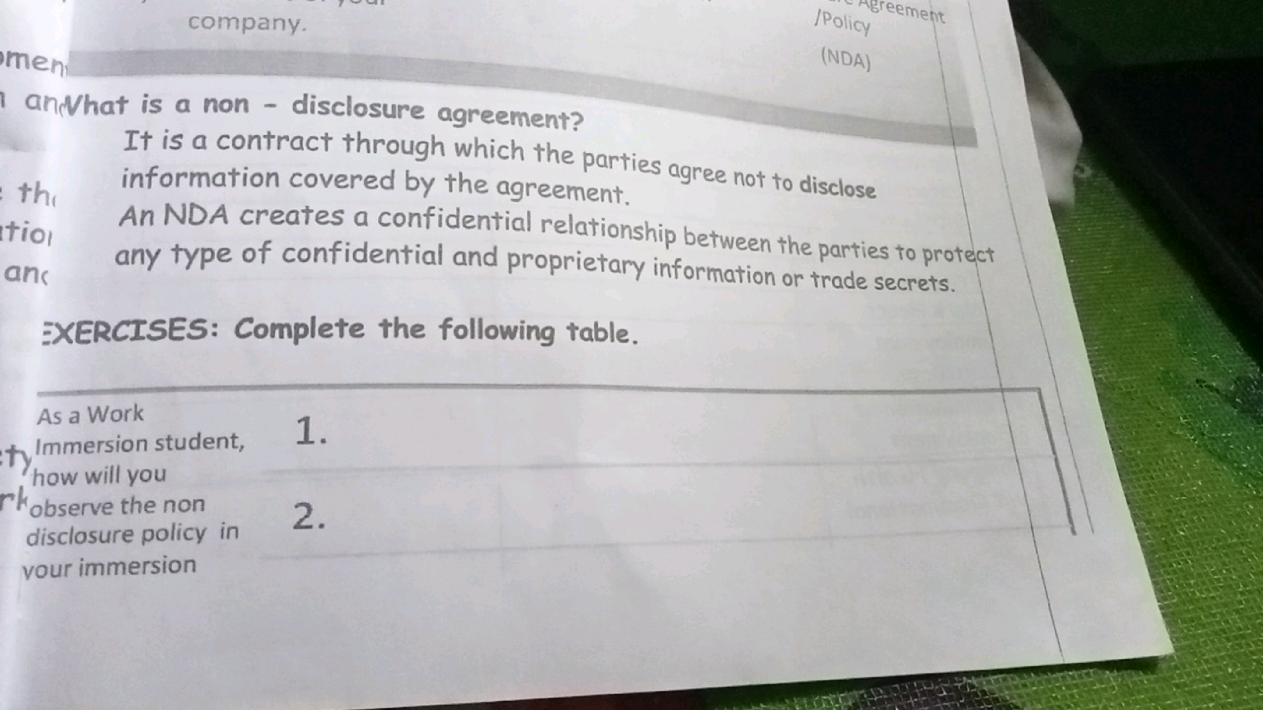 company.
/Policy
sreement
men
(NDA)
andhat is a non - disclosure agree