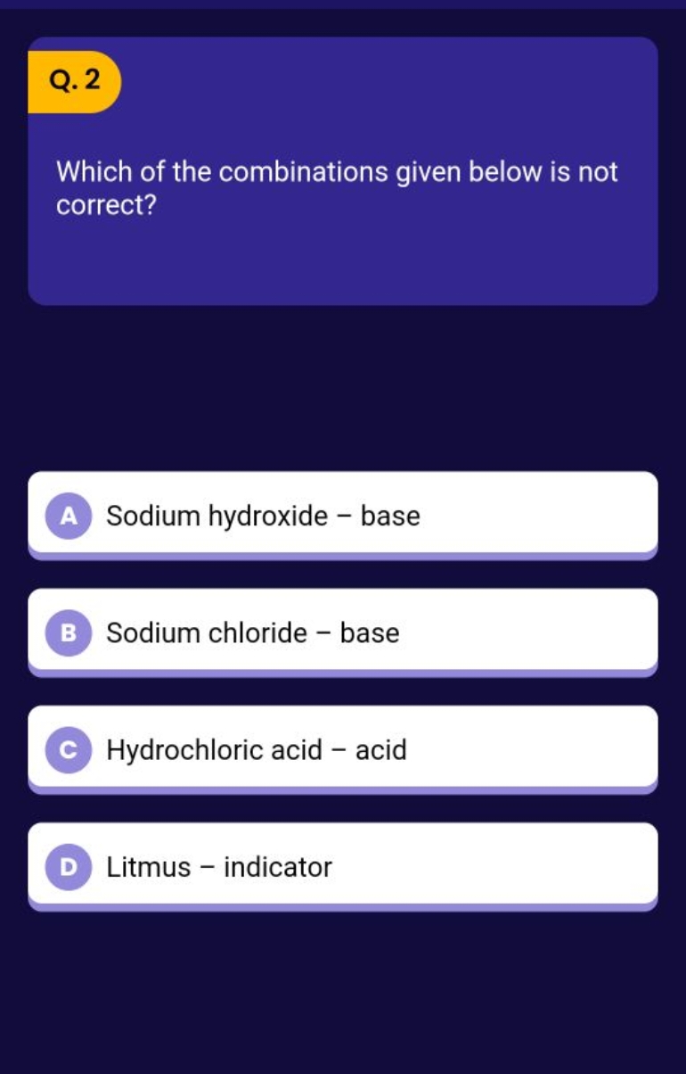 Q. 2

Which of the combinations given below is not correct?

A Sodium 