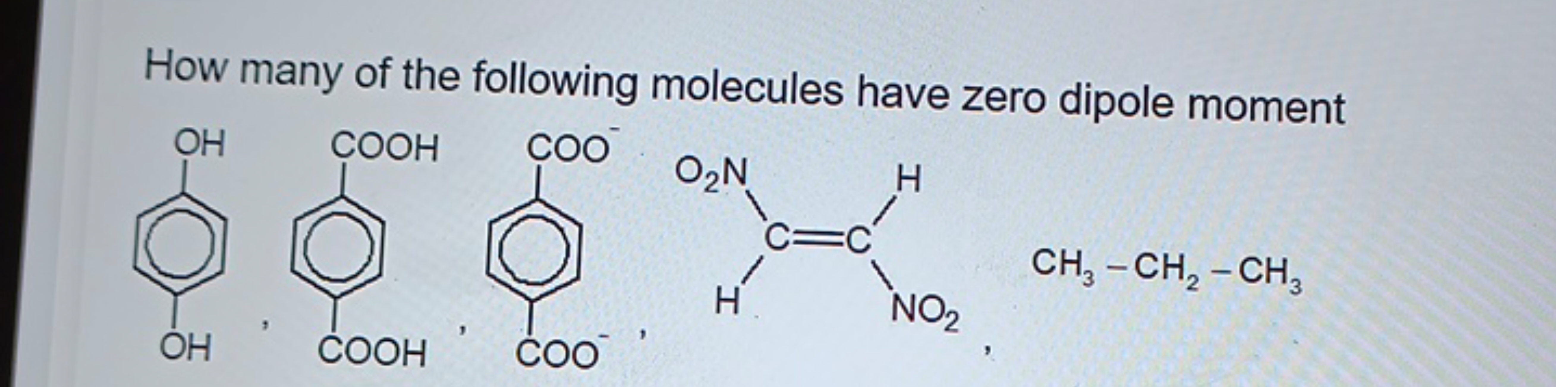 How many of the following molecules have zero dipole moment
Oc1ccc(O)c