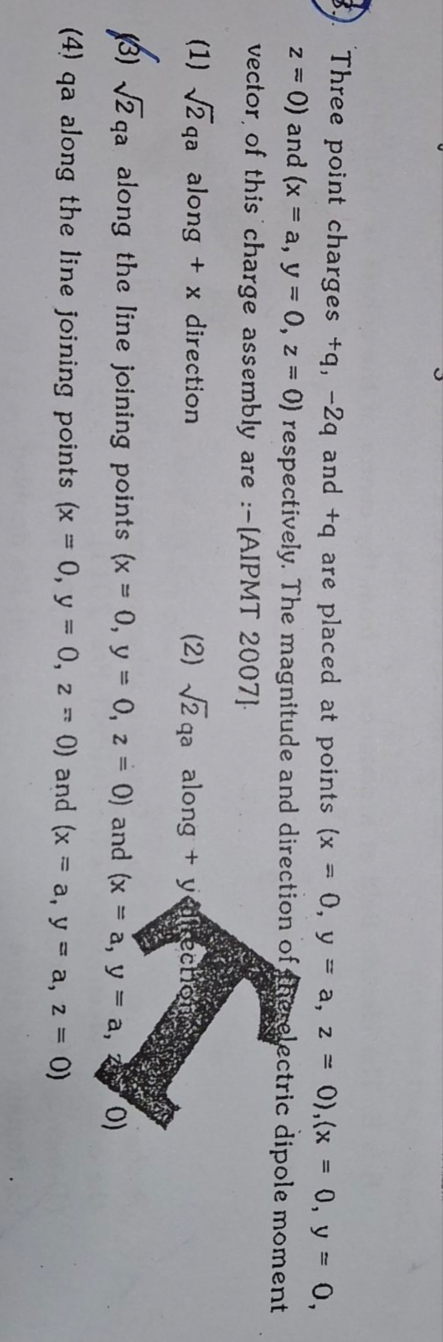 Three point charges +q,−2q and +q are placed at points (x=0,y=a,z=0),(