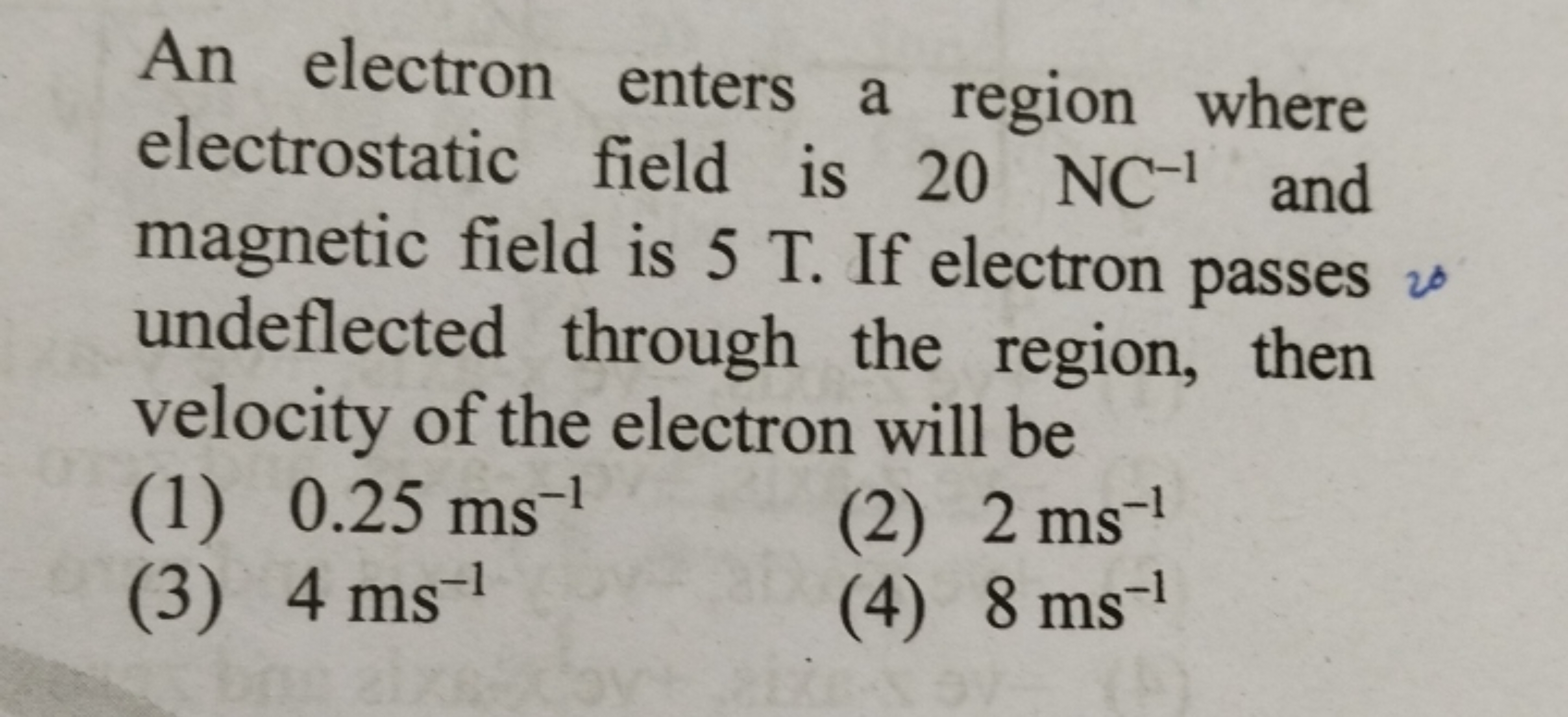 An electron enters a region where electrostatic field is 20NC−1 and ma