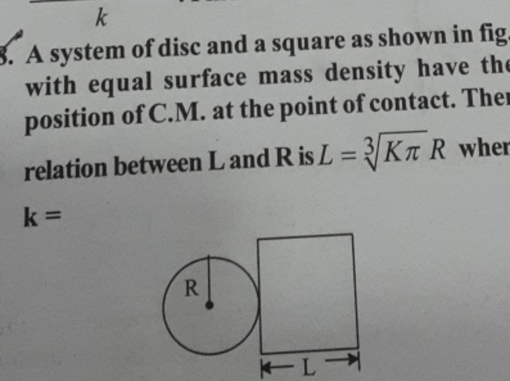 k
A system of disc and a square as shown in fig with equal surface mas